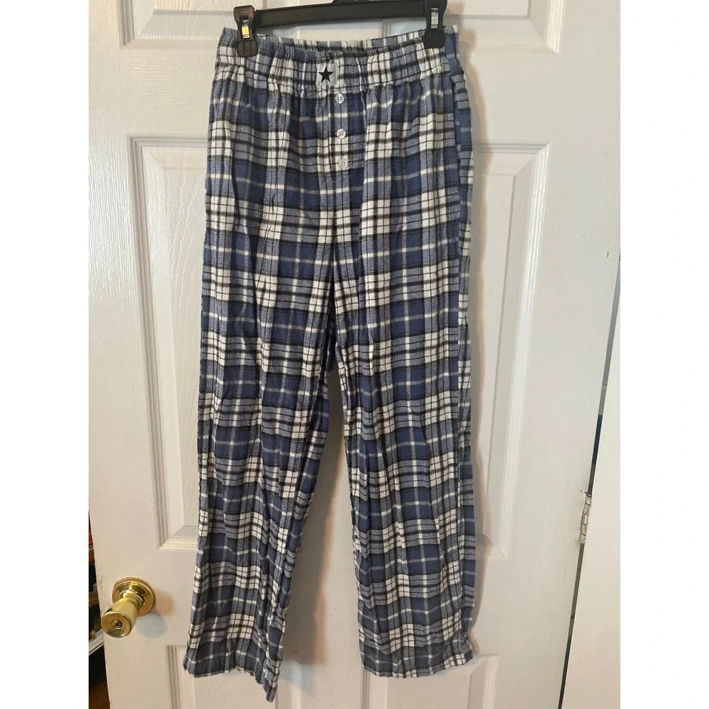 Derek Heart Blue White Plaid Pajama Pants XS Elastic Waist Lounge Bottoms Star